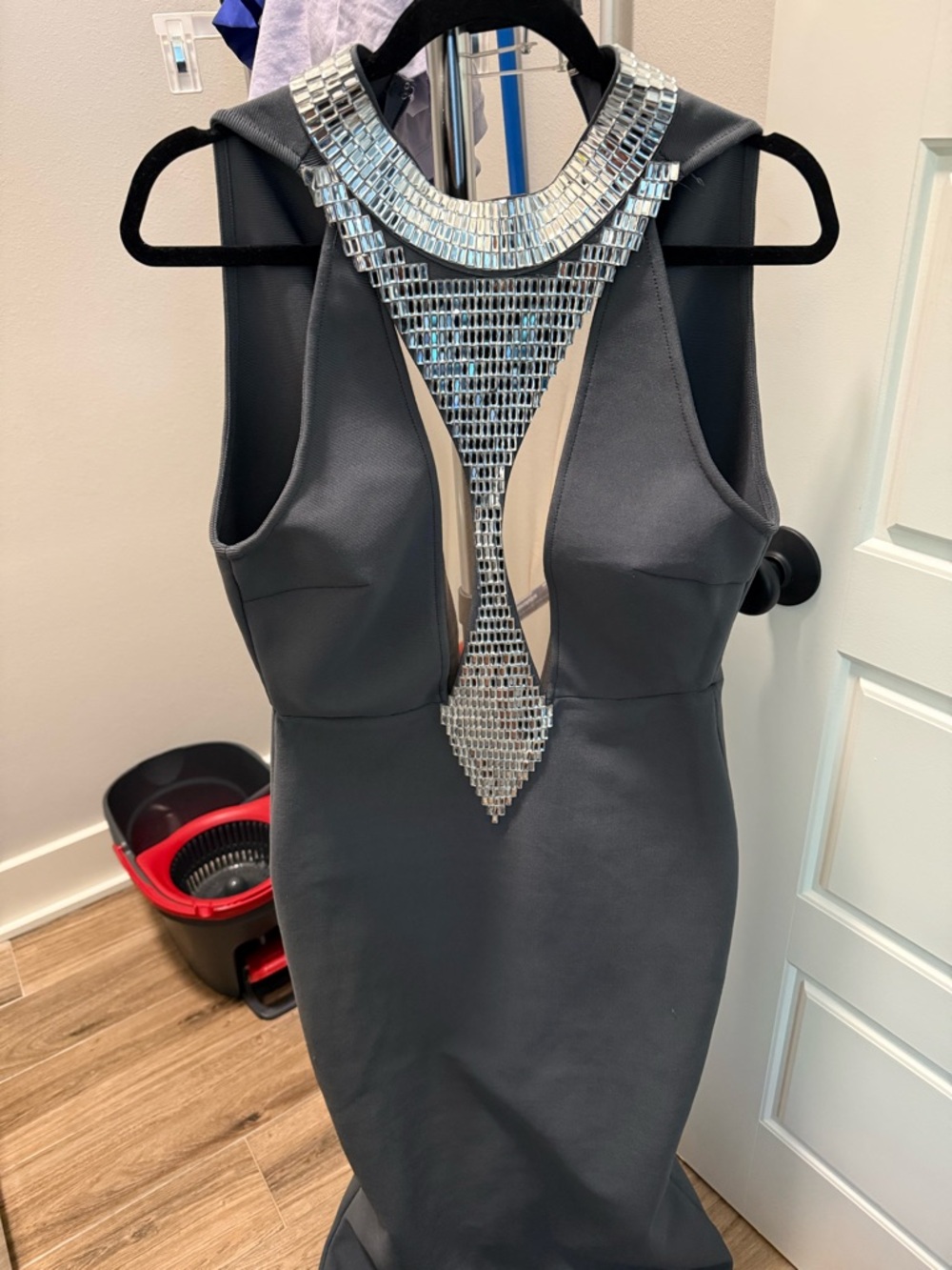 Elegant Black Dress with Silver Embellished Neckline